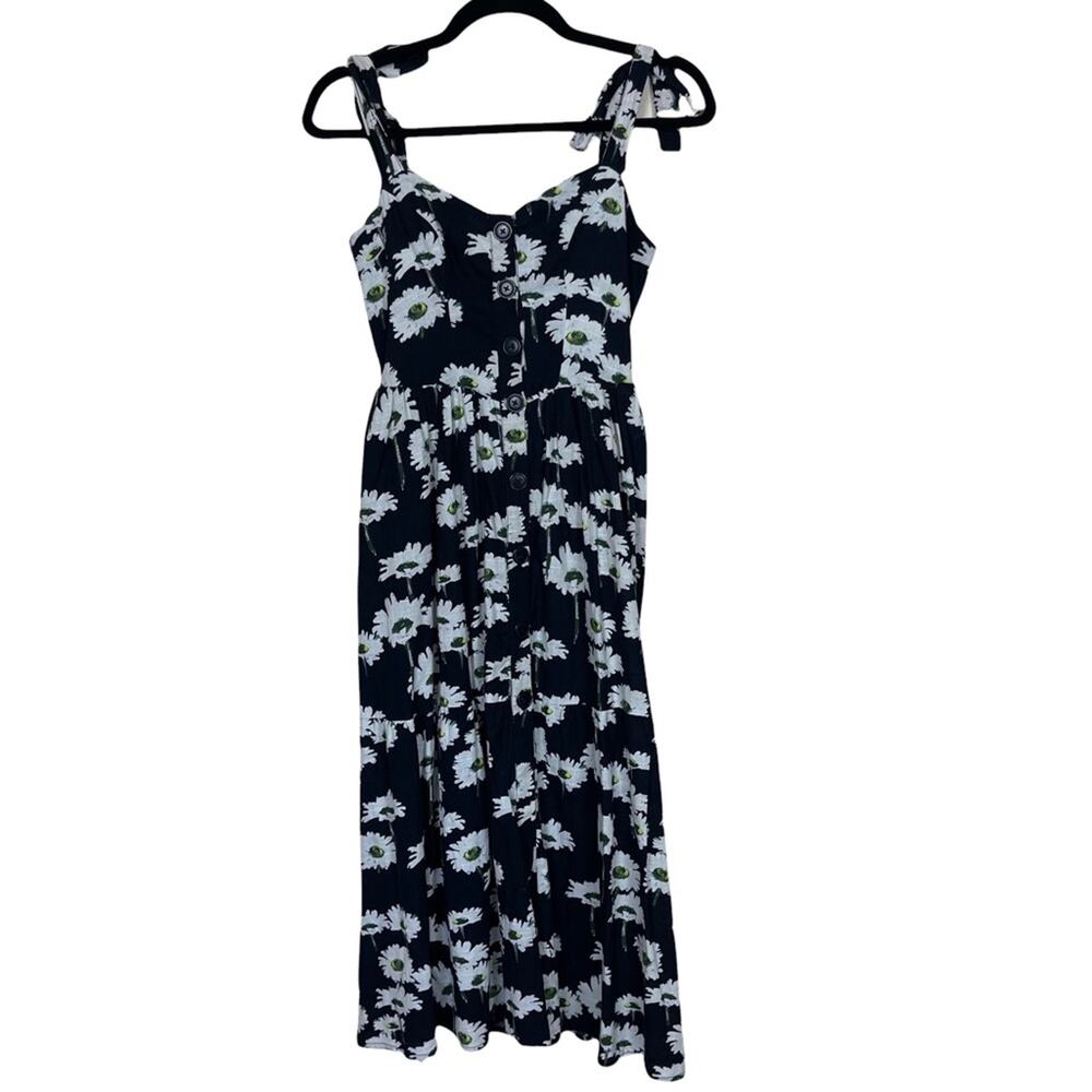 Urban Outfitters Cotton Tie Shoulder Straps Floral Fit and Flare Dress Black XS